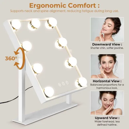 Miniatura 6 de Espejo de tocador con luces, espejo de maquillaje con 3 modos de iluminación, espejo iluminado con sensor táctil, alimentado por CA, giratorio 360°