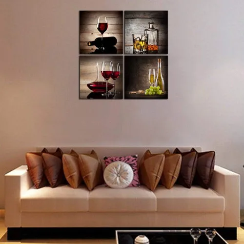 Miniatura 7 de Wieco Art Copas de vino tinto grandes, modernas, 4 paneles envueltos en galería, impresiones abstractas de lienzo giclée, obras de arte
