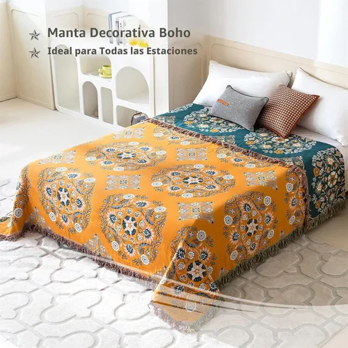 Miniatura 3 de Cobija para cama de estilo bohemio, 100 % algodón, ultra suave, edredón rústico, cobija de otoño, estampado floral, cobija grande rústica para sofá