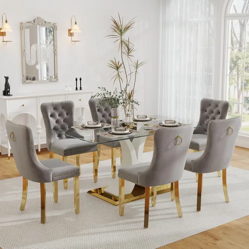 Miniatura 49 de Moderno juego de comedor de cristal de lujo para 6, 63 pulgadas, juego de vajilla rectangular minimalista grande para 6, juego de mesa de cocina