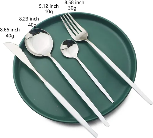 Miniatura 3 de Juego de cubiertos plateados con mango blanco, 24 piezas de acero inoxidable brillante, cubiertos para 6, aptos para lavavajillas Mango blanco plata