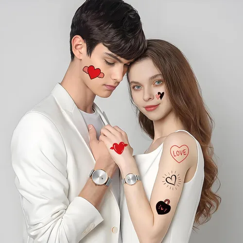 Miniatura 8 de 8 hojas de tatuajes temporales de corazones de San Valentín, calcomanías de tatuaje falsas rojas para niñas y mujeres, cara, cuerpo, día de San