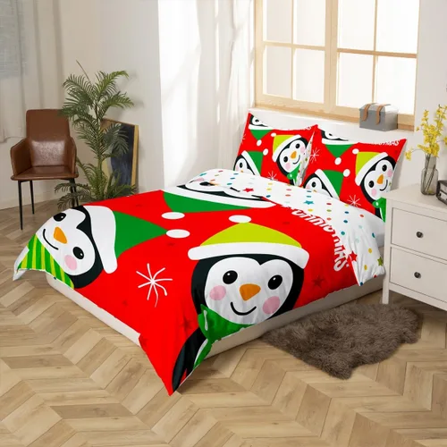 Miniatura 5 de Juego de funda de edredón para niños de Feliz Navidad, tamaño King, juego de ropa de cama de pingüinos de dibujos animados, animales árticos