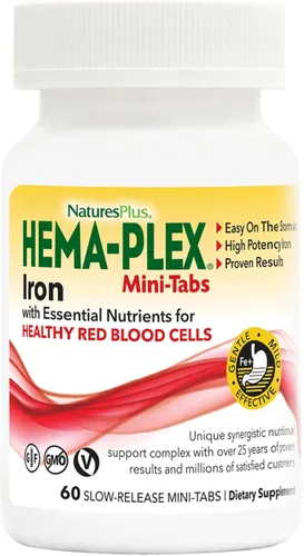 NaturesPlus Hema-Plex Iron - 60 mini-pestañas de liberación lenta - 85 mg de hierro quelado - Salud total de la sangre - con vitamina C y