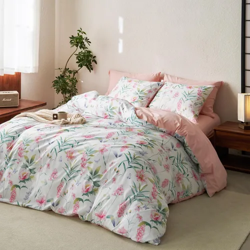 Wake In Cloud - Juego de edredón floral, estética Cottagecore botánica de flores y hojas de árbol, ropa de cama suave y ligera para mujeres y Rosa