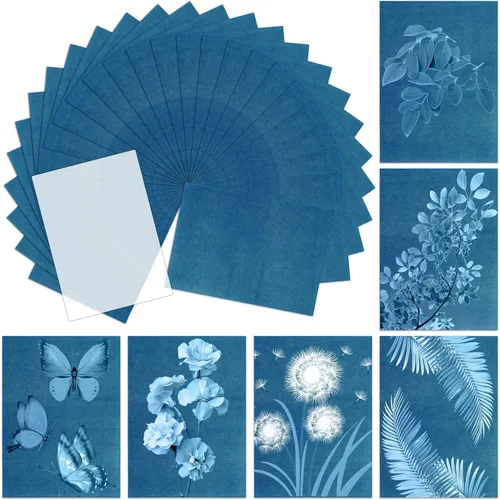 Miniatura 10 de NOVWANG 80 Piezas de Papel de Cianotipo, Kit de Papel de Impresión Solar de Alta Sensibilidad con 2 Fundas y 1 Plantilla, Proyecto DIY de Artes