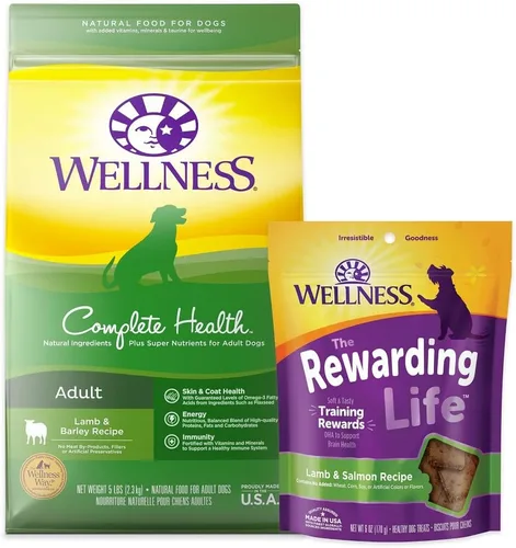 Wellness Paquete de prueba de alimentos y golosinas para perros: comida seca completa de salud, cordero 5 libras y golosinas suaves Rewarding Life,