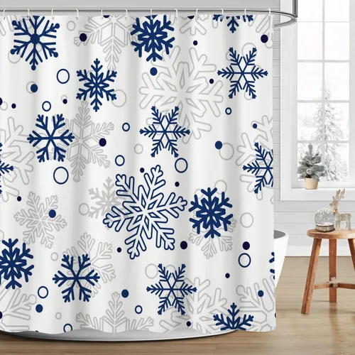 Miniatura 13 de MEHOFOND Cortina de ducha de invierno y Navidad con copos de nieve, cortina de ducha de Navidad, copos de nieve verdes y Ren, decoración de baño