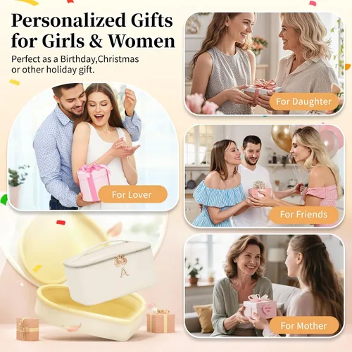 Miniatura 7 de OCHEAL Bolsa de maquillaje personalizada, bolsa de maquillaje beige para mujer, kit de aseo de viaje con monograma, organizador de cosméticos listo