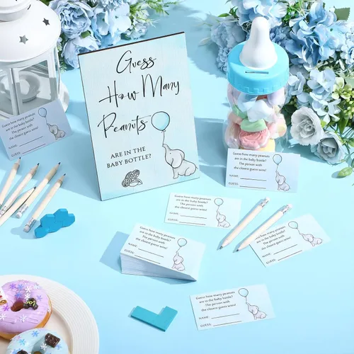 Miniatura 4 de Colarr - 122 piezas de Baby Shower Games Guess How Many 1 cartel de pie de madera de elefante, 1 botella de leche, 100 tarjetas de adivinación, 20