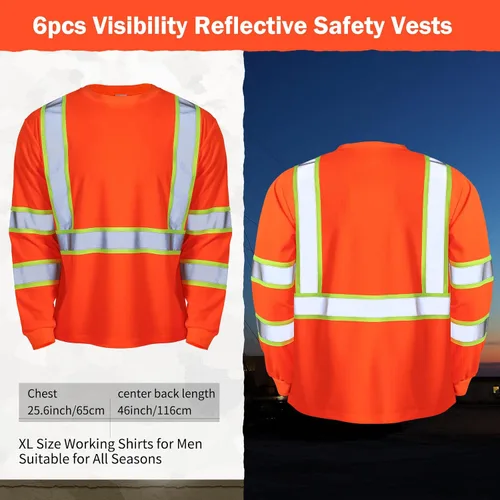 Miniatura 2 de Paquete de 6 camisetas de manga larga de seguridad, clase 3 de alta visibilidad con tiras reflectantes para trabajo topógrafo construcción Naranja