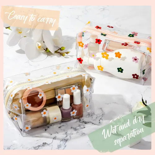 Miniatura 7 de Amylove Paquete de 2 bonitas bolsas de maquillaje de flores con cremallera de margaritas, bolsa para lápices florales, bolsas de aseo portátiles