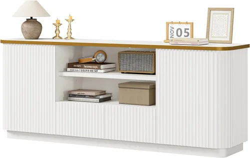 QUW Soporte de TV acanalado de 70 pulgadas para televisores de hasta 80 pulgadas, moderno centro de entretenimiento con 2 cajones y gabinetes, Blanco