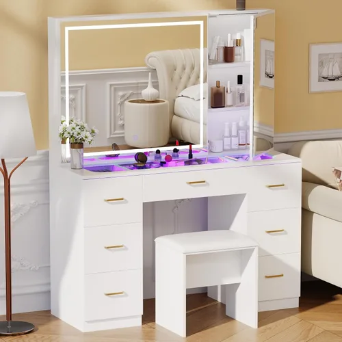 Miniatura 2 de Escritorio de tocador con espejo iluminado grande, tocador de maquillaje con parte superior de cristal, 7 cajones y brillo ajustable, mesa