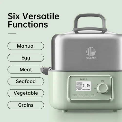 Miniatura 3 de BUYDEEM G67US Vaporera Eléctrica de Alimentos para Cocinar, Vaporera de Acero Inoxidable de 1 Nivel con Modo Manual, 1500W, 7 Cuartos, Verde