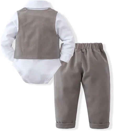 Miniatura 7 de DISAUR Ropa de bebé para niño, 4 piezas de traje de caballero + chaleco + pantalones + corbata de lazo de algodón