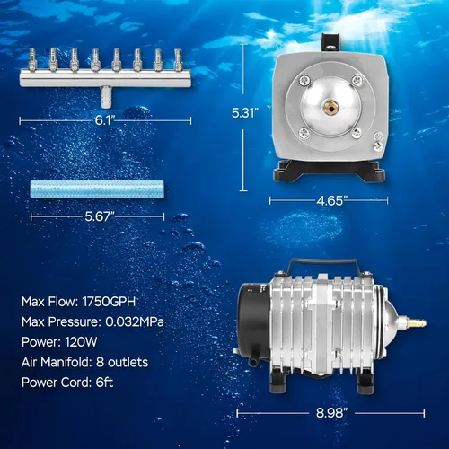 Miniatura 6 de Bomba de Aire para Acuario AquaMiracle con Carcasa de Aluminio, Bomba de Burbujas para Tanque de Peces de 600/1000/1200/1750GPH Aireador de Estanque