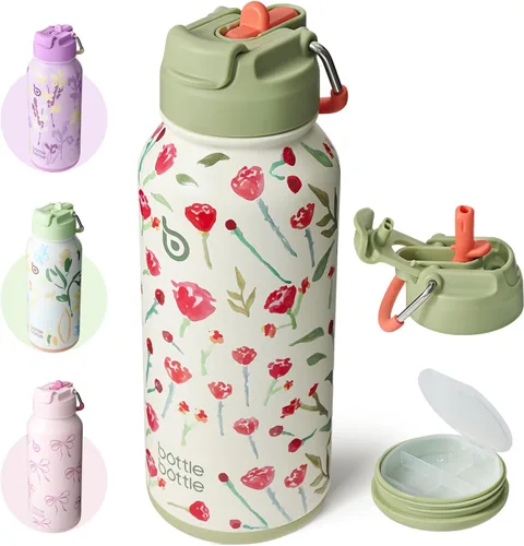 Miniatura 17 de BOTTLE BOTTLE Botella de agua deportiva de acero inoxidable de 32oz con aislamiento, botella de agua con pajita con diseño de tapa de doble uso
