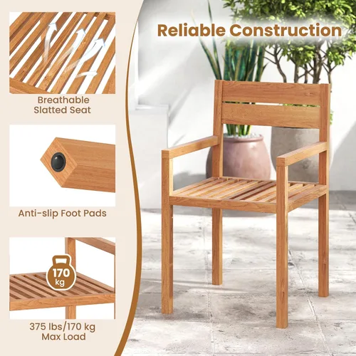 Miniatura 8 de HAPPYGRILL Silla de comedor de madera de teca, sillón de muebles de madera para exteriores con asiento y respaldo de listones, para patio trasero