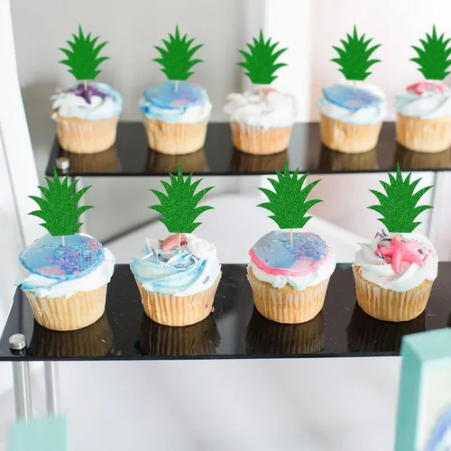 Miniatura 6 de 36 piezas de adornos para cupcakes de piña verde con purpurina verde para Luau despedida de soltera, fiesta de verano tropical, decoración