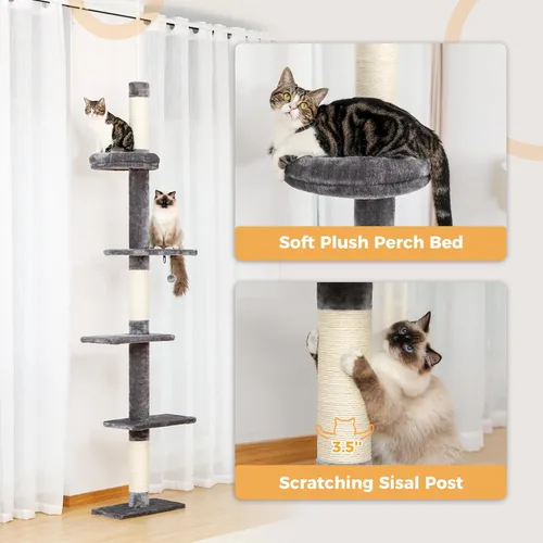 Miniatura 4 de PETEPELA Torre para gatos de 5 niveles de piso a techo, altura del árbol para gatos (95-107 pulgadas), ajustable, árbol de escalada alto con poste