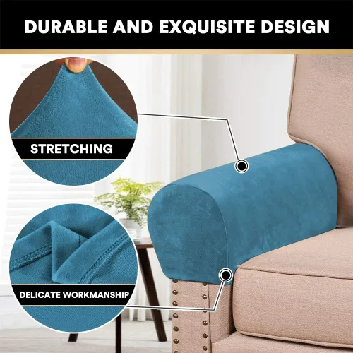 Miniatura 3 de PrinceDeco 2 Pack Thick Velvet Stretch Armrest Covers for Chairs and Sofas, Non Slip, Blue