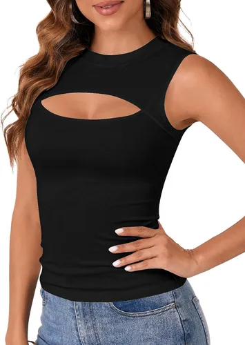 Miniatura 4 de Vrtige Camiseta sin mangas sexy con cuello redondo para mujer, de punto acanalado, sin mangas, ajustada