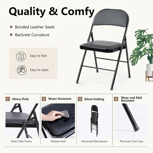 Miniatura 4 de DUMOS Paquete de 2 sillas plegables acolchadas de cuero, asiento comercial apilable portátil para interiores y exteriores con marco de acero, Negro