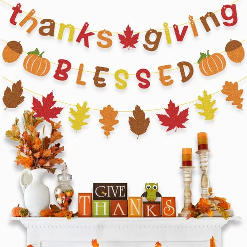 Miniatura 3 de Decoraciones de Acción de Gracias: Cartel brillante de agradecimiento y bendición, guirnalda de hojas de otoño para decoración de Acción de Gracias