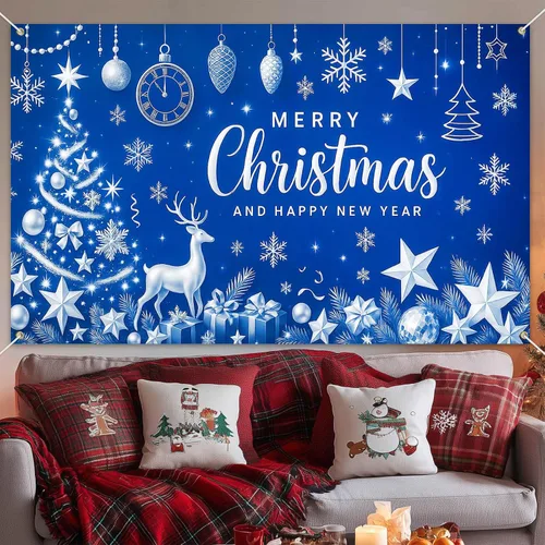 Miniatura 5 de HOMETITUTE Cartel de Navidad de 71 x 43 pulgadas, fondo azul de fotografía de invierno, copo de nieve, árbol de copo de nieve, fondo de fiesta