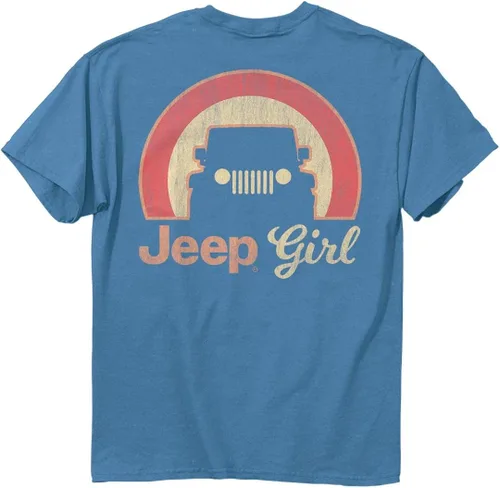 Jeep Girl Vintage Sun Women's Short Sleeve T-Shirt, Blue Sun, Wrangler Design Lovers 100% Ringspun Cotton, Royal Caribe
