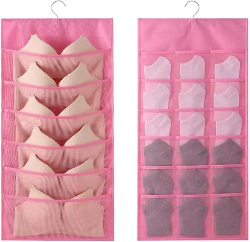 Miniatura 10 de Organizador de almacenamiento colgante para brasier y ropa interior, bolsillos de malla, estantes de pared de doble cara, bolsa ahorradora de Rosa