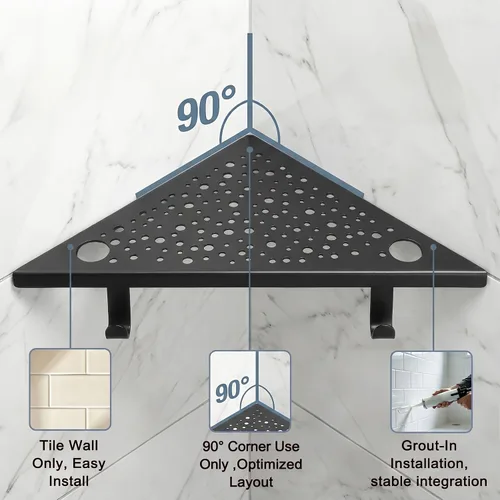 Miniatura 3 de HIDROP 2 Pack Corner Shower Shelves with 4 Hooks & 4 Razor Holes, 10" Matte Black Stainless Steel Bathroom Corner Shelf, Embed into Tile Gap Shower