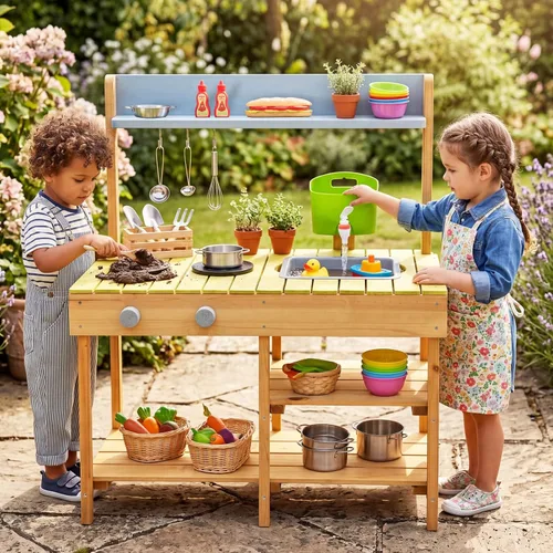 Costzon Cocina de madera para niños, cocina de barro al aire libre con fregadero extraíble, caja de agua y grifo, parte superior de la estufa, Verde