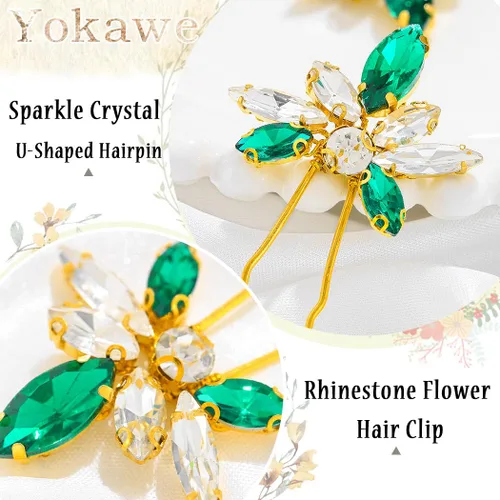 Miniatura 3 de Yokawe Horquillas para el pelo de boda con diamantes de imitación, horquilla de novia con purpurina de cristal verde, elegante tocado formal