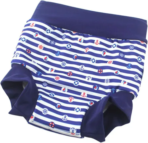 Miniatura 3 de Leideur Pañales de natación para bebé para niños, pantalones cortos de natación de cintura alta (2-3 años, rayas azul marino + peces)