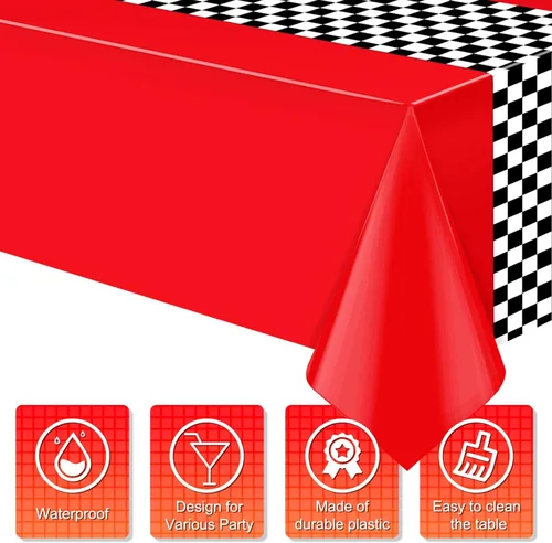 Miniatura 3 de Paquete de 3 manteles de plástico de auto de carreras, mantel desechable a cuadros rojos y negros, mantel rectangular a cuadros de búfalo