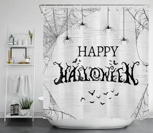 LB Cortina de ducha de árbol muerto de terror y telaraña, cortina de ducha de baño, decoración de baño de Halloween, telón de fondo de madera con