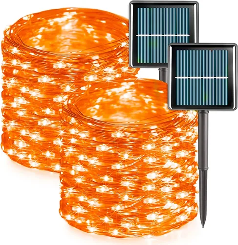 Miniatura 11 de QITONG Guirnalda de luces solares impermeables para exteriores, paquete de 2 unidades de 200 luces LED blancas de Navidad de 66 pies, cable Blanco