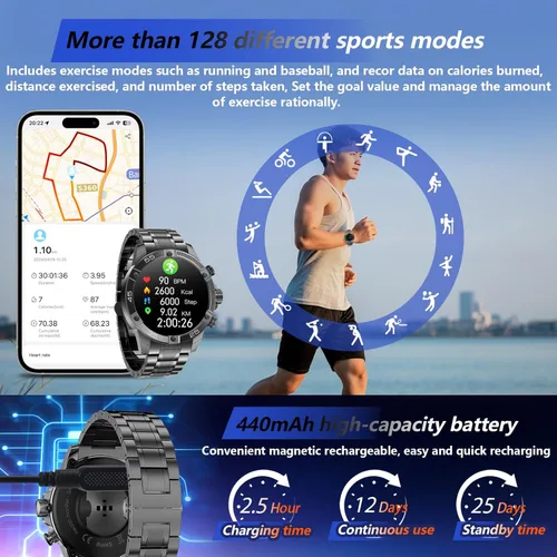 Miniatura 5 de Reloj inteligente para hombre, 1.53 pulgadas, de lujo, deportes y fitness, IP67 resistente al agua, 440 mAh de espera extendido, modo multideporte