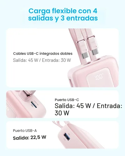 Miniatura 8 de Anker Zolo - Banco de energía (versión actualizada 2025), carga rápida máxima de 45 W, batería de 20,000 mAh, cables USB-C integrados duales, puerto