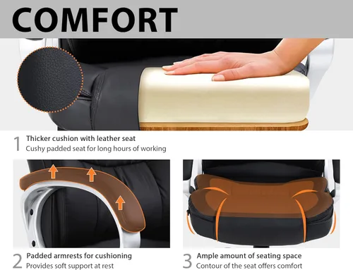 Miniatura 6 de Silla de oficina ergonómica, sillas de oficina de cuero sintético con respaldo alto con ruedas y brazos, altura ajustable, silla ejecutiva cómoda