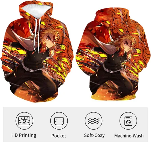 Miniatura 3 de RASBCTK Demon Rengoku Shinjurou Slayer Hoodies Men's Flame Printed Sweatshirt 3D Hoodie Anime Cosplay Costumes