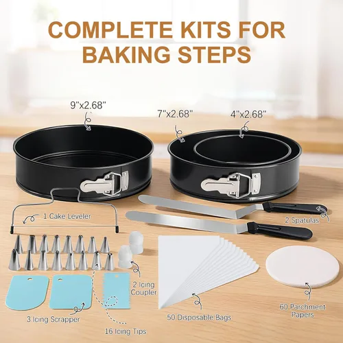 Miniatura 2 de WERTIOO Juego de 138 piezas de moldes para tartas de resorte para hornear con kit de decoración de pasteles, juego de 3 moldes redondos