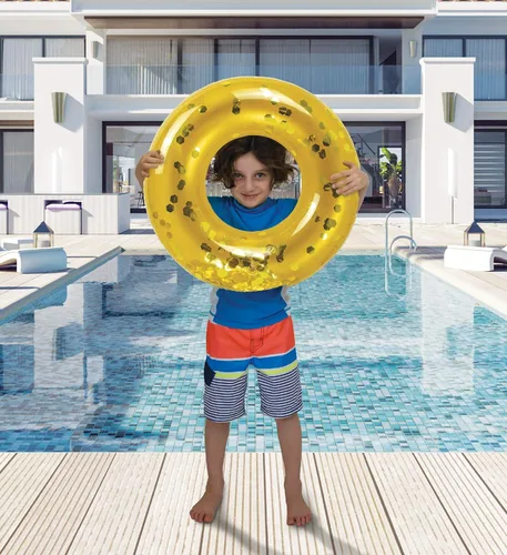 Miniatura 6 de Paquete de 4 flotadores inflables para piscina para niños, anillos flotantes de piscina rellenos de confeti brillante, lindos flotadores de piscina