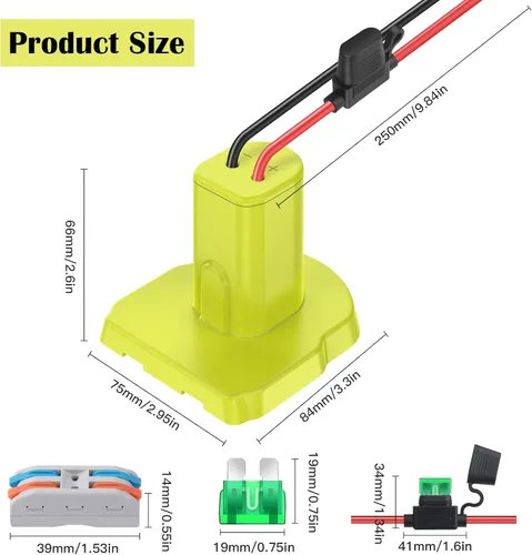 Miniatura 7 de Paquete de 2 adaptadores de ruedas eléctricas para batería Ryobi de 18 V, kit convertidor con fusibles y terminales de cable y cable de 12 AWG