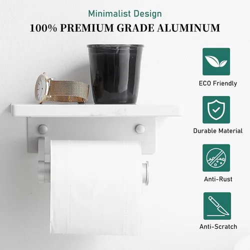 Miniatura 3 de Soporte de papel higiénico de aluminio plateado cepillado Hoimpro con estante de mármol natural blanco, soporte de almacenamiento de rollo de papel