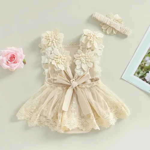 Miniatura 11 de Mubineo Ropa de verano para bebé niña, sin mangas, encaje floral, vestido de mameluco para recién nacido
