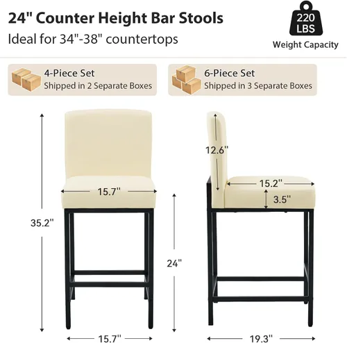 Miniatura 2 de Juego de 2 taburetes de bar de 24 pulgadas de altura de mostrador con respaldo, sillas de bar modernas tapizadas de piel sintética para isla