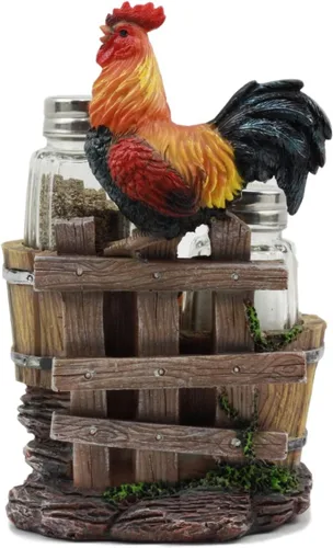 Miniatura 5 de Ebros Girasol Granja Gallo de pie en la valla por cubos de madera antiguos de cristal Salero y Pimentero Figura de soporte 6.5 pulgadas de alto